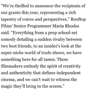 Dan Perlman Instagram - thanks so much to @rooftopfilms & great people i’m collaborating with, excited to keep working on my first feature 

also cool to be on the list w/ @hhharkrr as well, okay, thanks