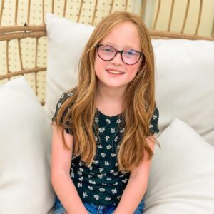 Danielle Busby Instagram - NEW GLASSES 🚨 Hazel was totally due for a new pair of glasses. Her blue frames have seen better days 😂 They came in just in time before 4th grade starts next week too. 
She loves them, and so do we 🤓
*Hazel vision has been doing fabulous! With her prescription she sees around 20/40…which is a HUGE DEAL! There are some things she can view at 20/30 and even saw a few letters on the 20/25 line for the first time!!! Could not believe it, even the doctor was shocked! Seeing 20/40 is a big milestone bc you have to see at least 20/40 to drive…so as long as she stays on this great track, or get better, she has a potential to get a drivers licenses. I know that’s years away BUT it’s a huge milestone for her and I’m just so proud of this little girl of mine. Nystagmus won’t stop her from anything! 🤍 #hazel #nystagmus #itsabuzzworld #quintuplet