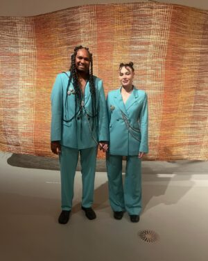 Danzal Baker Instagram - NGV Gala 2023 🩵

suits @wynnhamlyn 
jewellery @sarahgardnerjewellery 
harnesses @publishedby 
shoes @maisonmargiela 
brooches are vintage
styled by yours truly 💁🏻‍♀️

Danzal’s hair by @helenmasoeartistry