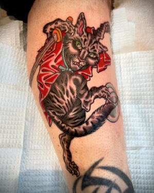 Darren Brass Instagram - Warrior Bengal Cat for the win ‼️Taking down the evil half & half safety seal ☠️🥛🗡️ ‼️#tattoo #cat #cattattoo #bengalcat #traditionaltattoo #japanesetattoo #colortattoo #tattooart #tattoostyle #tattooartist #tattoolife #tattooidea #tattoolife
