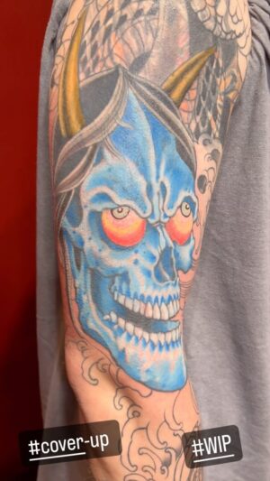 Darren Brass Instagram - A major COVER-UP is happening !!! … stay tuned for more 📡 #coveruptattoo #colortattoo #japanesetattoo #tattoo #tattooart #tattooartist #tattoostyle #tattoolife #pma #alldayeveryday