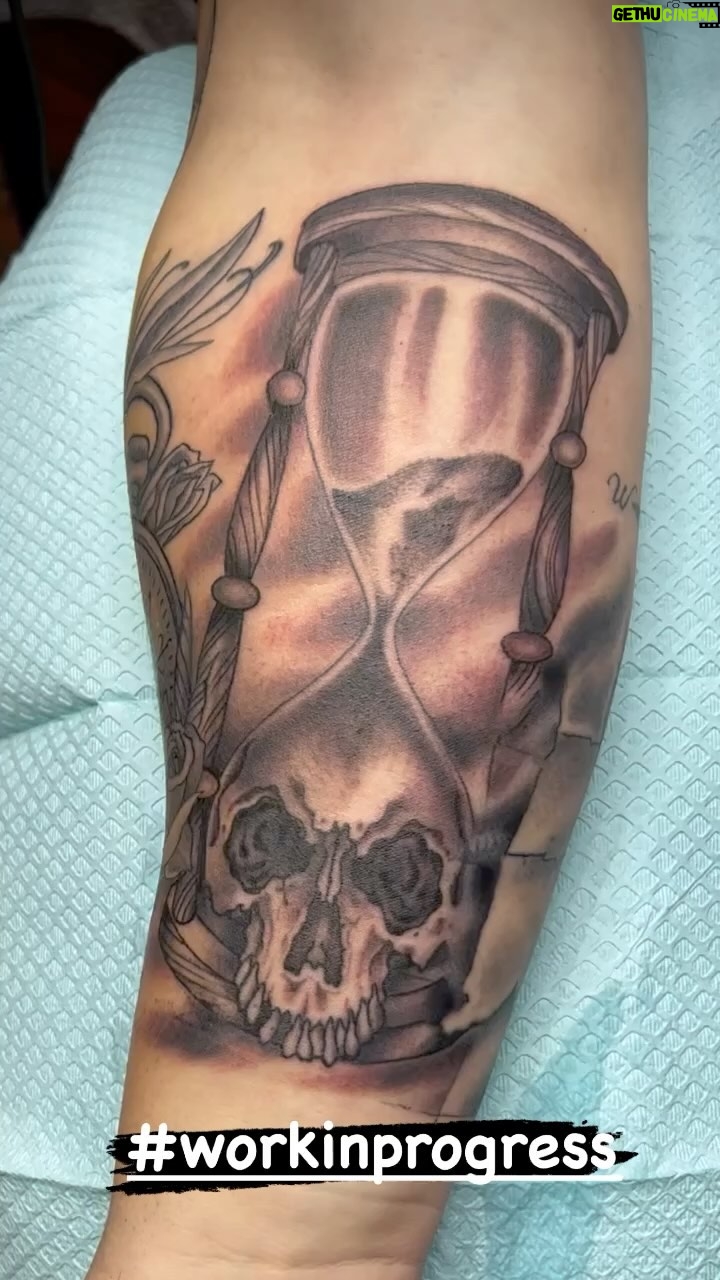 Darren Brass - 180 Likes - #workinprogress @brasscitytattoo #skulltattoo #hourglass #tattoo #blackandgreytattoo #brassandgrey