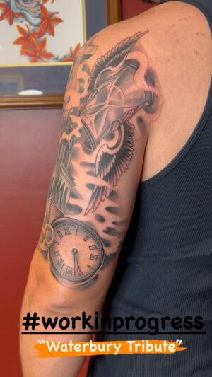 Darren Brass Instagram - A tribute to “Waterbury” / Slaughterbury / The Dirty Water !!! #workinprogress @brasscitytattoo
