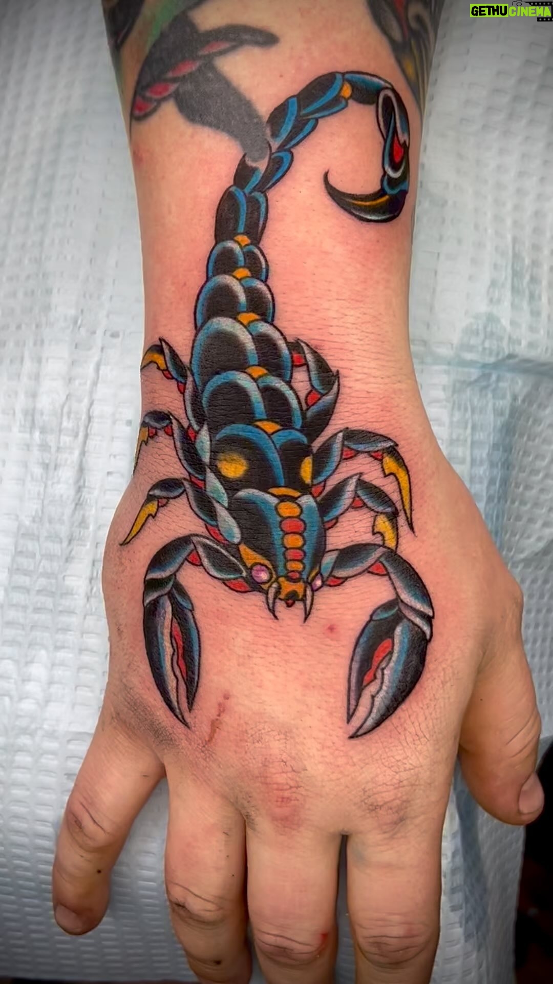 Darren Brass - 275 Likes - Got this one in last night @brasscitytattoo 💥🦂💥Big Thanks to @richgodsil for braving the storm ✔️💯‼️ @hatchback_irons @thesolidink #traditionaltattoo #colortattoo #scorpiontattoo #cttattooartist #nyctattooartist #tattooartist #tattoo