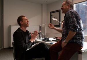 David Costabile Instagram - The Ginger Biscuit giving me shit as I try to give him a note in this week’s episode of @sho_billions. Check out my directing debut! So proud and grateful for the opportunity @showtime and @briankoppelman and @davidlevien gave me.  #bts #wags #wagsismyspiritanimal #wagsgivesdamiandirection