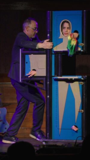 David Wain Instagram - I got to do a big trick on a stage !! #magic #illusion #zigzag @nataliemoralesloves
