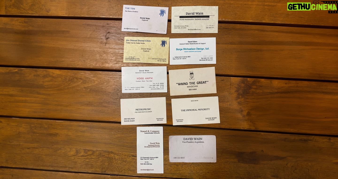 David Wain - 1.9K Likes - Found a stash of business cards from over the years. I miss this form of expression!
EDIT: For the record - Waino the Great was my real magic "handle" when I was twelve and doing birthday parties;
The Immoral Minority was the junior high school band (featuring Craig Wedren) that I "managed";
Metromusic was the DJ company my friend and I had in high school - we did dances, Bar Mitzvahs, 12-step meetings.
The rest were more, like, jokey ways to still give my real info.
