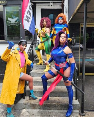 Dax ExclamationPoint Instagram - Just X-Womaning around with my fellow mutants. @dmandamartini  @badgal_tiff  @sirene_noir_sidora_jackson  for #ClassActBrunch @whaledc ❣️❣️❣️❣️also realized after we planned the themed looks that we all chose @jimlee era X-Ladies it’s a theme within a theme! I love when a plan comes together. Thanks to everyone who came out!! #psylocke #rogue #jeangrey #jubilee #drag @marvel #xmen #mutantAndProud