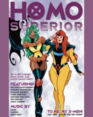 Dax ExclamationPoint Instagram - Comin’ thru to save hoes all day, it’s @daxclamation and @dmandamartini , now available on a commemorative HOMO SUPERIOR poster signed by artist @sinagrace! 

Sina, the writer and illustrator who gave us Marvel’s first mutant drag queen and the beautiful artwork for our premiere event’s flyer, has graciously created an original rendition of our hostess D’Manda Martini as Jean Grey, the subject of her unforgettable second performance at last year’s show. 💀 

And you can now take home a special signed 11” x 17” print of this poster, featuring both headliner Dax ExclamationPoint as Darkveil and D’Manda as Jean! And it gets even better: all THREE of these divas will be signing each print.

Get yours at checkout for only $25. You can pick up your signed copy of this one-of-a-kind piece at the show, or have it mailed out to you if you can’t make the event in-person — or just don’t want to carry a poster around all night while you’re bebopping around the party. 🥳

And finally, big thanks once again to Sina Grace for helping queer up of the X-Men, for creating these beautiful portraits, and for helping make our inaugural event a success. 🙌 

#homosuperior #homosuperiorpdx #darkveil #jeangrey #xmen #xmen97 #xmendrag #sinagrace #xmenart #shade #theshadeofitall #dragqueens #mutantandproud
