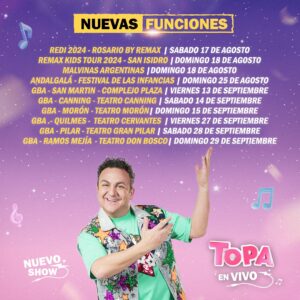 Diego Topa Instagram - 🌈 ¡Hola, familias! 🚀✨ ¡Seguimos de gira y estoy muy emocionado de llevar mi show TOPA EN VIVO a tu ciudad! Vamos a cantar, bailar y disfrutar juntos como siempre 🎶🤩

💫 ¿Están listos para vivir una gran aventura en familia? ¡Yo sí! 💖

🎟️ Las entradas ya están disponibles en el link de mi bio. ¡No te quedes sin la tuya!

💜🩵❤️ ¡Nos vemos muy pronto para seguir compartiendo momentos mágicos! ✨💕😘🤗