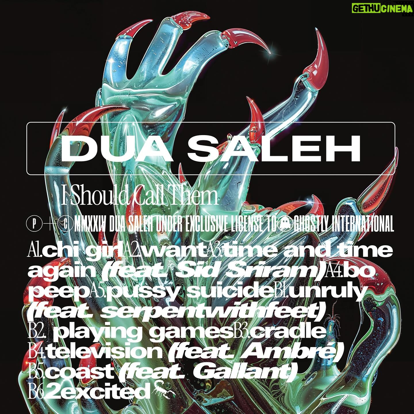 Dua Saleh - 3 Likes - im so excited to announce my debut full-length album! – I SHOULD CALL THEM out OCT 11 via @ghostly –
as i have grown as a person, i realized that im sort of guarded. sometimes it’s difficult to be vulnerable & to share parts of myself that i haven’t really wanted to confront. ive always written about my life but was often timid w/ expression (cloaking lyrics in a veil that offered obscurity).
now, im leaning into my raw emotions more than ever, allowing myself to dance to the rhythm of the universe. i was beckoned by a force of nature to do this & almost feels like a quest, an oddessy-like experience. the songs on this album are an experimental itineration – they’re sonically complex and blend genres that float freely in my mind.
at the heart of it all, it’s a collection of songs that portray the spiritual power, resilience, joy of love, & pain of heartbreak found b/n two lovers.
im thankful for so many ppl that have helped this become a reality. i can’t wait for u to experience it ❤️
preorder #ISHOULDCALLTHEM the album on vinyl cd now on DUASALEH.com & ghostly.com
tracklist
chi girl
want
time & time again ft @sidsriram
bo peep
pussy suicide
unruly ft @serpentwithfeet
playing games
cradle
television ft @ambre
coast ft @sogallant
2excited
art/design @michaelcina
photo @grantspainer
creative dir. @bradenxlee
mix @love_burg
mastering @alecness
producers & collaborators
@suwito @theregoesbiako @stint__ @arsononly @andrewbroder @waveiq @slinger @psymunbeats @distancedecayy @gloomer_ek @rogetchahayed @1mindmusic @fortunebeats_ @laurenfaith @tony_seltzer @theidiotmusic @nathan_butts @malikninetyfive @iamwesleycurtis @c_tag @biglildd @josef.lamercier @rebellon @linushablot
label & team
@ghostly @concordmusicpub @sv4 @chrisswanson_secretly @aberenson @t_almy @pkalaw.co @bradenxlee @internetsumaya @nootheragency @goodmachinepr @callenderde @wassermanmusic @scottmelroseplace
features @dazed x @pitchfork