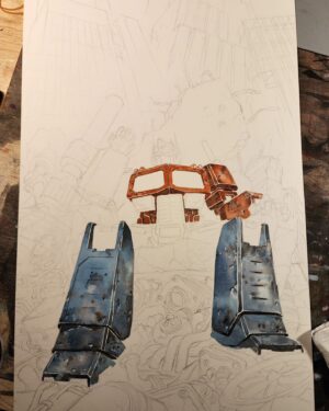 Dustin Nguyen Instagram - from sketch to completion of my Transformers cover for @skyboundent , 11x17 watercolor on 300lb hotpress-  big huge thanks to @quarkstocomics for introducing me to granular watercolors, something I never knew existed until now and it's kinda game changing like crazy for me🎨🖌️