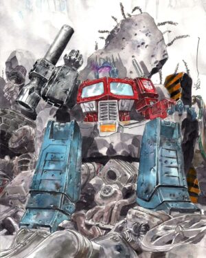 Dustin Nguyen Instagram - from sketch to completion of my Transformers cover for @skyboundent , 11x17 watercolor on 300lb hotpress-  big huge thanks to @quarkstocomics for introducing me to granular watercolors, something I never knew existed until now and it's kinda game changing like crazy for me🎨🖌️