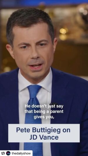Elisa Donovan Instagram - @pete.buttigieg speaks to Jon Stewart about JD Vance’s harmful comments on which Americans have a stake in the future. #VOTE #Repost @thedailyshow