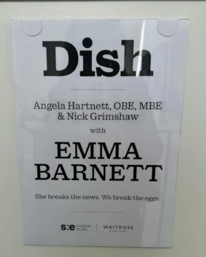 Emma Barnett Instagram - “She breaks the news. We break the eggs.” 😜 what a strap line. I had SUCH a lovely time on Angela and Nick’s pod. This woman and this man and the whole Dish team. Just gorgeous - not to mention delish. Thank you team Dish @waitrose and so much love for @angelacooking @nicholasgrimshaw and my old mucker @nataliejupp ❤️ 
Available wherever you get your pods. And chicken livers.