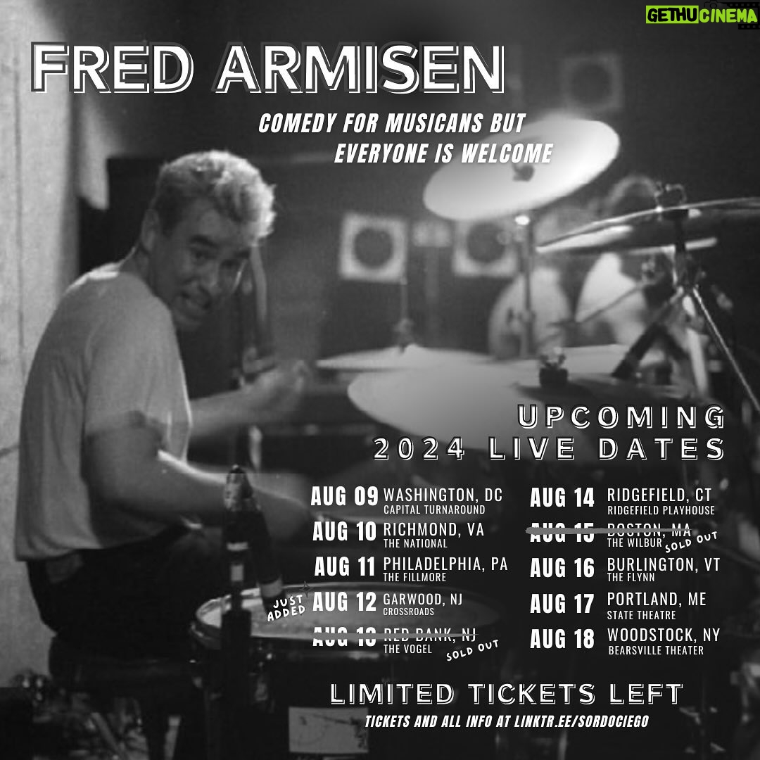 Fred Armisen - 7.7K Likes - Tour starts tomorrow! Added a show last minute:
August 12 in Garwood, NJ.
8/9 Washington DC @unionstage
8/10 Richmond, VA @thenationalva
8/11 Philadelphia, PA @fillmorephilly
8/12 Garwood, NJ @crossroadsgarwoodnj
8/13 Red Bank, NJ @thevogelnj
8/14 Ridgefield, CT @ridgefieldplayhouse
8/15 Boston, MA @the_wilbur
8/16 Burlington, VT @flynncenter
8/17 Portland, ME @statetheatreportland
8/18 Woodstock, NY @bearsvilletheater