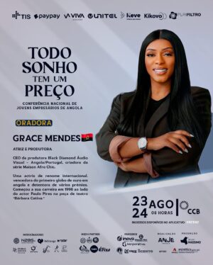 Grace Mendes Instagram - Actriz e Produtora, CEO da produtora Black Diamond Áudio Visual, Angola/Portugal, criadora da série Maison Afro Chic. Uma actriz de renome internacional. vencedora do primeiro globo de ouro em angola e detentora de vários prémios. Começou a sua carreira em 1998 ao lado do actor Paulo Pires na peça de teatro “Bárbara Cativa.” Conhecida pelo seu profissionalismo, não só na sua carreira, mas também na gestão de outros artistas.

Grace Mendes será oradora na 5ª edição da Conferência Nacional de Jovens Empresários de Angola (TODO SONHO TEM UM PREÇO 2924), evento que irá juntar empresárias nacionais e internacionais, e realiza-se-á nos dias 23 & 24 de Agosto no Centro de Conferências de Belas (CCB). 

Sob o lema: “O papel da liderança juvenil no processo de implementação dos programas de apoio à produção nacional e fomento ao turismo.” 

A conferência visa: Discutir as estratégias nacionais para o fomento ao turismo; Incentivar a liderança juvenil na diversificação económica e social com o foco na produção; Propiciar a colaboração e partilha de experiências; Abordar sobre a necessidade de diversificação dos sectores pouco explorados; Identificar oportunidades de mudanças face ao contexto Actual. @anje.angola