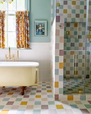 Gray Benko Instagram - I have been so excited to share my bathroom renovation with y’all!  The bathroom was one of the last rooms that we touched since purchasing this home 4.5 years ago.  It was an eye sore from the beginning and brought me zero joy.  By the time I got around to redoing it, the shower door had completely fallen off and I was using a tension rod with a shower curtain to keep the water from getting all over the floor. When I made the decision to finally renovate it, the number one thing I wanted was to have a bathroom that brought be joy.  And boy did I achieve that 😂 It’s still not finished (is anything really ever finished)? I need to work on hanging some more art and I am still holding until I am able to afford my dream bathtub someday (see the last slide) but it is INSANE the way this bathroom has already been transformed.  It makes me so so happy.  Scroll through to see the before pictures!

HUGE shout out to @fireclaytile who worked tirelessly with me to help my vision come to life.  Their handmade tiles are so beautiful and so colorful.  They really were a dream partnership for me!  We work with them on the show a lot too; they are just so wonderful to work with.  I also want to mention @creggercompany who helped me with all of my beautiful @newportbrass fixtures.  Plumbing fixtures are not my strong suit so it was really wonderful to have some hand holding in that department!

What do you think?  Could you bathe every day in a rainbow of color or is it just me? 😂🌈