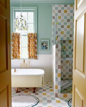 Gray Benko Instagram - I have been so excited to share my bathroom renovation with y’all!  The bathroom was one of the last rooms that we touched since purchasing this home 4.5 years ago.  It was an eye sore from the beginning and brought me zero joy.  By the time I got around to redoing it, the shower door had completely fallen off and I was using a tension rod with a shower curtain to keep the water from getting all over the floor. When I made the decision to finally renovate it, the number one thing I wanted was to have a bathroom that brought be joy.  And boy did I achieve that 😂 It’s still not finished (is anything really ever finished)? I need to work on hanging some more art and I am still holding until I am able to afford my dream bathtub someday (see the last slide) but it is INSANE the way this bathroom has already been transformed.  It makes me so so happy.  Scroll through to see the before pictures!

HUGE shout out to @fireclaytile who worked tirelessly with me to help my vision come to life.  Their handmade tiles are so beautiful and so colorful.  They really were a dream partnership for me!  We work with them on the show a lot too; they are just so wonderful to work with.  I also want to mention @creggercompany who helped me with all of my beautiful @newportbrass fixtures.  Plumbing fixtures are not my strong suit so it was really wonderful to have some hand holding in that department!

What do you think?  Could you bathe every day in a rainbow of color or is it just me? 😂🌈