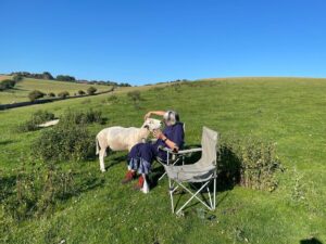 Grayson Perry Instagram - For those of you that followed my ride across France I can report I am feeling much more zippy on a bike 
Mountain biking is still hard work and a bramble across the face stings
Spot the hand reared ram is very tame and stole our cheese straws