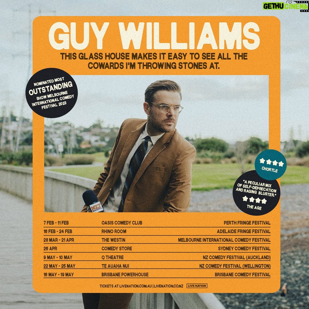 Guy Williams - 841 Likes - NZ AND AUSTRALIA!
I'M THRILLED TO ANNOUNCE MY NEW TOUR:
"This glass house makes it easy to see all the cowards I'm throwing rocks at."
Presale 10am Thu Nov 16, tickets on sale 10am Fri Nov 17 - LINK IN BIO