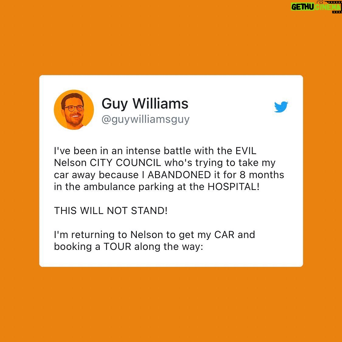 Guy Williams - 1.5K Likes - ANNOUNCING:
My “I Gotta Move A Car from Nelson to Auckland Tour of the LOWER NORTH ISLAND 2022”
Strap in for the Comedy event of the year!
Heading to:
Blenheim!
Lower Hutt!
Kāpiti !
Carterton!
Whanganui!
and Taupō!
TICKETS ARE ON SALE NOW: https://linktr.ee/guywilliamsguy