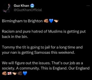 Guz Khan Instagram - Fuck Tommy Robinson, all his close mates that push this hate and Free Palestine 🫵🏽💙🫱🏻‍🫲🏾