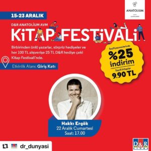 Hakkı Ergök Instagram - Yarın Bursa Anatolium D&R’da kitaplarımı imzalıyorum. 
#Repost @dr_dunyasi with @make_repost
・・・
Birbirinden değerli yazarların imza günleri ve kaçırılmayacak indirimler 15-23 Aralık D&R Anatolium AVM Kitap Festivali’nde! #dr_dunyasi #kitapfestivali