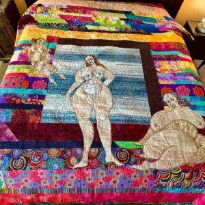 Harvey Fierstein Instagram - I've been at the old machines again. Here's my latest. I was trying some new techniques. I constructed this as a "quilt as you go" and then went back and "Thread painted" the details on the women with my long arm machine. Lots of thread! It's around 90" x 100". 
What do you think?