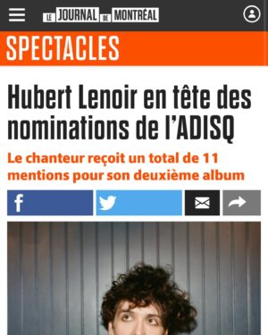Hubert Lenoir Instagram - Je viens de revenir au Québec pis j’apprends que j’ai 11 nominations à l’ADISQ