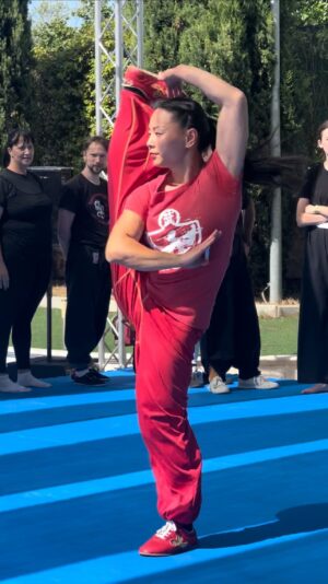 Jade Xu Instagram - Side Stretch Kick @jadexuofficial 💯🏆🔥

世界武术冠军徐慧慧《武术-侧踢腿》

World Wushu Champion Jade Xu demonstrates the aerial kick during her Workshops at the Martial Arts Day 2024 hosted by @uiktkungfu ⛩️

🎥 @davidtorok_official 
👚 @wuway_design 

#jadexu #wushu #kungfu #worldchampion #demonstration #workshop #teaching #education #dragonnight #martialartsday #italy #aerial #kick #flawless