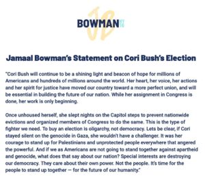 Jamaal Bowman Instagram - My statement on Cori Bush’s election.