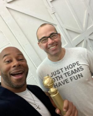 Jamar Shipman Instagram - That time @therealmurr from #impracticaljokers wanted a picture with my golden globe and to be held like a baby by @hellosatnam . He’s a weird guy.