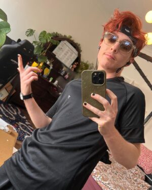 Jamie Hensley-Davies Instagram - some summer ‘fits :}
i guess core vibe is chaotic playful masc :P

(Jamie’s top tips: make running more fun by wearing a bandana and sunnies, and pretending you’re in an 80s movie training montage >:D)

#ootd #transmasc #transguy #transjoy