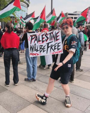 Jamie Hensley-Davies Instagram - 76 years since the OG Nakba, and we’re seeing before our eyes another FAR more catastrophic and deadly ethnic cleansing of the Palestinian people. 

The UK government Is complicit in this genocide. Not only providing Israel with blinded support, but using OUR TAXPAYER MONEY to produce weapons of war sent directly to Israel, and used to kill thousands of Palestinians.
We have the power to stop this. SPEAK THE FUCK UP.

Make signs. Use your voice. Boycott Israeli products. Boycott businesses and people supporting this genocide. Write to your MPs/GOV reps, HOLD THEM ACCOUNTABLE. Camp outside establishments funding this Nakba. Sing songs of justice and liberation. Celebrate Palestinian culture.
PUSH FOR RECOGNITION OF PALESTINE AS A STATE. 

Palestine will be free, because humanity will make it so. Get involved however you can. 

#palestine #palestine🇵🇸 #🇵🇸 #nojusticenopeace #sanctionsnow #ceasefirenow🇵🇸 #nakba #palestinesign #stopthewar #stopbombinggaza #palestinewillbefree #queersforpalestine #artistsforpalestine
