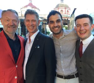 Jared Harris Instagram - Celebrating the wedding weekend of my younger bro, Jamie Harris, with mates - we four all on @carnivalrow streaming now on @amazonprimevideo (pic, of course, by my sparking @allegrariggio❤️) #TeamHarris #CarnivalRow