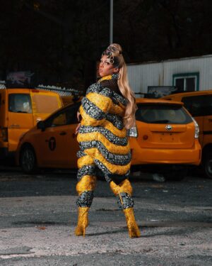 Jax Instagram - So what’s all the buzz about? 
Worker bee puffer runway by @tenyardsclothing 
💇🏽‍♀️: @wigsbyatlas 
📸: @fernandopalafox