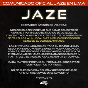 Jaze Instagram - 🚨 ¡Atención, fans de @jaze.oficial ! 🚨 El concierto se mueve al CCB de Barranco. Si te quedaste fuera, ¡buenas noticias! Desde mañana, habrá una cantidad limitada de entradas disponibles en @joinnus a partir de las 5:00 p.m ¡No te lo pierdas! 🎟️🎉

  #veltracmusic #jazeenlima #toylocazo
