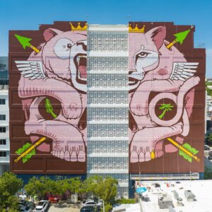 Jeremy Fish Instagram - Done!

I just completed one of the largest paintings in the world's largest mural district here in Wynwood. It took myself and two other painters roughly two weeks, and almost 70 gallons of paint to complete the project. I am very proud of the results.

"ENDANGERED"
54 feet wide x 100 feet tall (each wall)
Acrylic paint on concrete
NW 23rd st. x NW 2nd Ave. 
Miami, Florida
2023

This piece was inspired by the official state animals from where I live, and where I painted this mural. Both the California Grizzly and The Florida Panther became endangered during man's expansion in to their native turf. I thought it was a larger than life way to celebrate these majestic beasts and their struggle with humans. The property owners requested a design that created a connection between San Francisco California and Miami Florida.

I could not have done a piece at this scale without the help and experience from two rad expert type dudes. Infinite gratitude and respect to Daniel Antelo and Guillaume Ollivier for helping me to make these massive beasts come to life.

Thanks again To Jesse Feldman and Glenn Gilmore for trusting me to cover their giant Cube building with all of this paint. 

Big thanks to Harold Ruiz for taking such amazing photos and drone footage of our process on the wall.

Just goes to show that even at almost 50 years old, you can still teach an old dog (fish) new tricks. Grateful to still be experimenting, expanding and exploring the boundaries of my artwork every day. Thanks again to all of my real friends, fans, followers, collaborators and collectors for all of the support over the last few decades to help get me to where I am today.

🏢 @popefeldman 
🎨 @downtowndaniel 
🎨 @funkysquash 
📷 @hdrgraphy