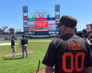 Jeremy Fish Instagram - Huge thanks to everyone who came out on Saturday to celebrate Skate Day with @sfgiants & @spitfirewheels  It was a big day for me to see 15k baseball fans wearing my art on their chest, and to be invited to throw out the first toss of the game. 

One week from today I will begin an artist in residency project with The Giants inside @oraclepark I have an art studio and a gallery of my work in the Cloud Club section of the baseball stadium. I will be there working on a series of new drawings and some other projects during the games in June. More information and details coming soon...

We will also be releasing some rad new Giants gear featuring my artwork during this unique project, in case you were unable to get the free shirt at Saturday's game.

Endless thanks to my homies at the Giants, my neighborhood, and this amazing city for allowing me to continue to contribute to the artistic legacy that Makes San Francisco so special 🧡⚾️🖤