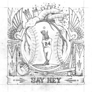 Jeremy Fish Instagram - I drew this on Monday and Tuesday 6/24 & 6/25 during the 12th and 13th games of my Artist In Residence project with the @sfgiants in the Cloud Club section of @oraclepark. 

SF Giants Residency Drawing 11
"Say Hey"
11" x 11" / ink on paper

Monday June 24th San Francisco Giants vs. The Chicago Cubs.  Wilmer Flores drew a bases loaded walk in the ninth, capping a wild comeback as the Giants snapped a five-game skid with a 5-4 victory over the Cubs. Tuesday June 25th San Francisco Giants vs. The Chicago Cubs. Matt Chapman's two-run single highlighted a three-run eighth inning and six San Francisco pitchers combined for a four-hitter as the Giants beat the Cubs 5-1.