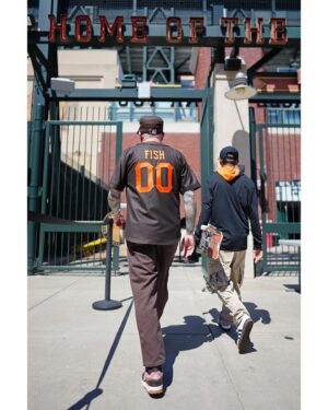 Jeremy Fish Instagram - Please join me this Saturday May 18th @oraclepark for "Skate Day" with the @sfgiants and @spitfirewheels . The first 15,000 fans will receive a free long sleeve hooded shirt with my artwork on it. My design was inspired by San Francisco's historic legacy of both baseball and skateboarding. I will also be officially throwing out the first toss at the game...

There will be a Skate Jam in McCovey Cove that will take place from 10:45 a.m.-1:05 p.m before the game starts. Featuring @chicobrenes @jackcurtin & @eli_p_williams skating a ramp on a barge in the cove! 

Tickets and info for Saturday's game are available at sfgiants.com/skate. Hope to see you there! 🧡⚾️🖤