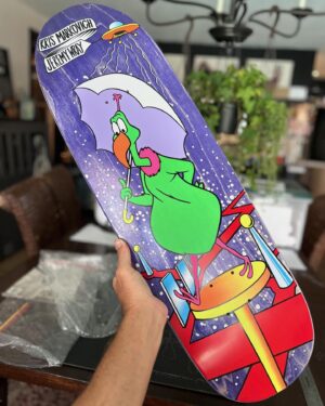 Jeremy Wray Instagram - I have some solid dimensions for you all on these new @kris_markovich x @jeremy_wray decks from the Umbrella Collection series. It breaks down like this:
32 1/4” long, 9 3/8” wide, with a 14 1/4” wheelbase, 7 3/16” nose, and a 6 7/8” tail. Orders are coming in on Wraybros.com and will start shipping early next week. I will be hand signing and numbering them over the weekend. To claim yours, click on the direct link in my bio or you can go to Wraybros.com today 🤙🏼! Limited Edition run of 100 were produced. Wood from @psstix , hand screened at @screamingsqueegees with artwork and custom shape by me, Jeremy Wray 😎