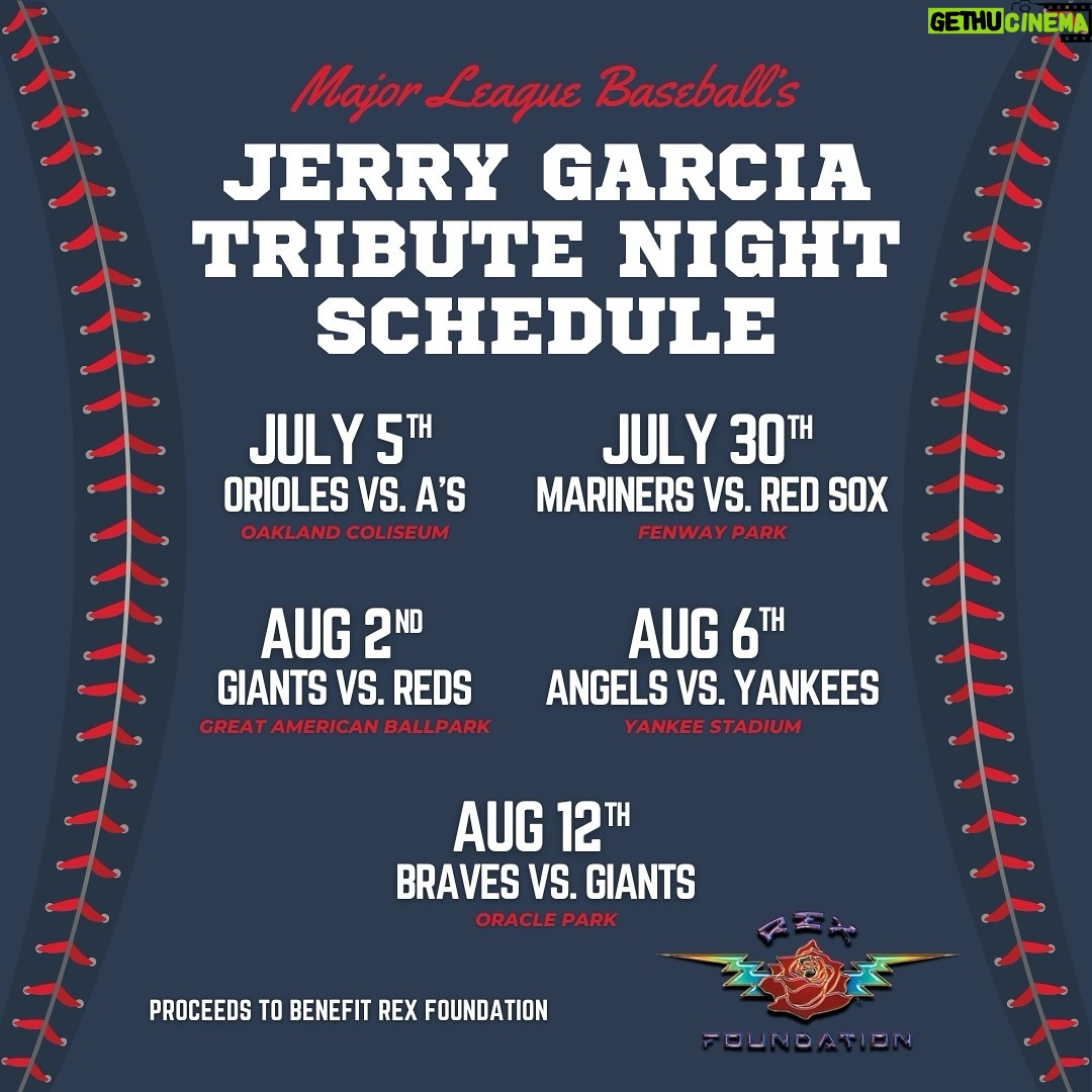 Jerry Garcia - 3.2K Likes - Baseball fans, mark your calendars! Don’t miss these Garcia Tribute Nights at five of America’s great ballparks this July & August. A portion of the proceeds will benefit the @rexfoundation, so come out and support a great cause! 🌹