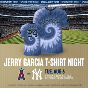 Jerry Garcia Instagram - Don’t miss Jerry Garcia Night at Yankee Stadium against the Los Angeles Angels on August 6th! Special event tickets include game entry and a @yankees x Garcia shirt. Proceeds will help support the @rexfoundation. 🌹 Link in profile.