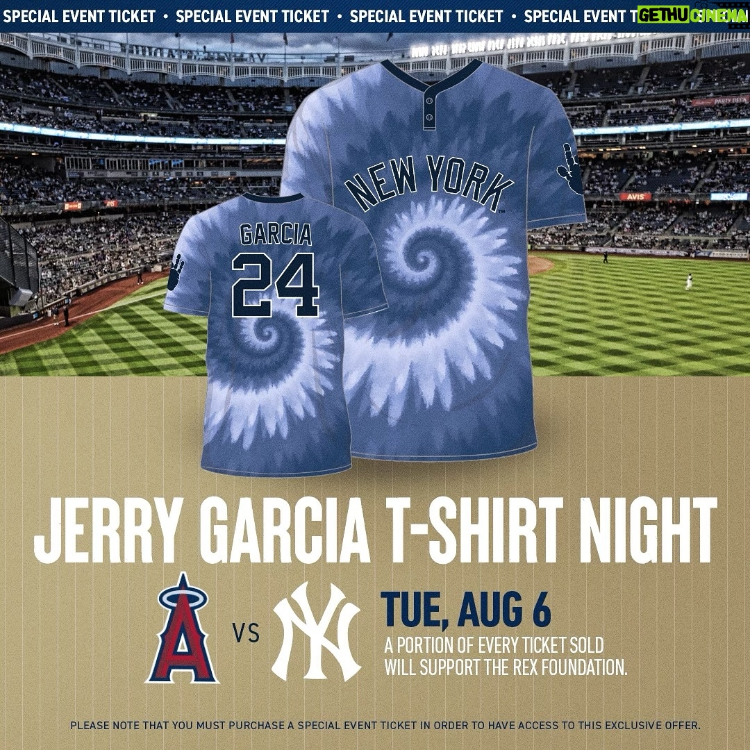Jerry Garcia - 2.1K Likes - Don’t miss Jerry Garcia Night at Yankee Stadium against the Los Angeles Angels on August 6th! Special event tickets include game entry and a @yankees x Garcia shirt. Proceeds will help support the @rexfoundation. 🌹 Link in profile.