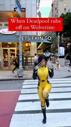 Jessenia Gallegos Instagram - Deadpool is so contagious; he even rubbed off on #Wolverine 
😂🤣😂 I cracked up when #Deadpool tells #Logan: 
 “You were an X-Man. You were the X-Man.” 

RED & YELLOW WELCOME TO NYC FELLAS!!! Can’t wait see #deadpoolwolverine movie 

#nyc #marvel #cosplay #latina #redandyellow