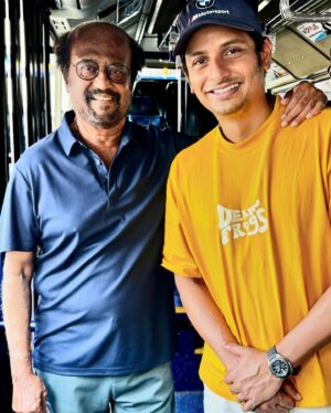 Jiiva Instagram - “Flying high with The Superstar Rajnikanth sir! 🌟✈️ #LegendaryEncounter #FlightWithIcons” #deaffrogs #chennairhinos #ccl #march1st #jiiva