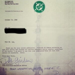 Jim Lee Instagram - Shared this rejection letter from my JIM Lee and FRIENDS panel from back in 1986 when I was trying to break into the business. It bears the classic DC logo from back in the day. Ironic that 38 years later—I’m helping drive the company that saw some promise in the scribbles of a young, aspiring artist. Thanks Dick. Your friends were the motivation I needed to keep pushing on. And welcome back—to the Milton Glaser logo—we missed ya! 📣📣📣