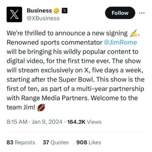 Jim Rome Instagram - Totally HYPED to announce my new video programming partnership with X! We will be live on X soon and I can’t wait. X provides an incredible opportunity for me to reach fans on the biggest, most dynamic platform in the world.  Day 1! All in!  Let’s go!